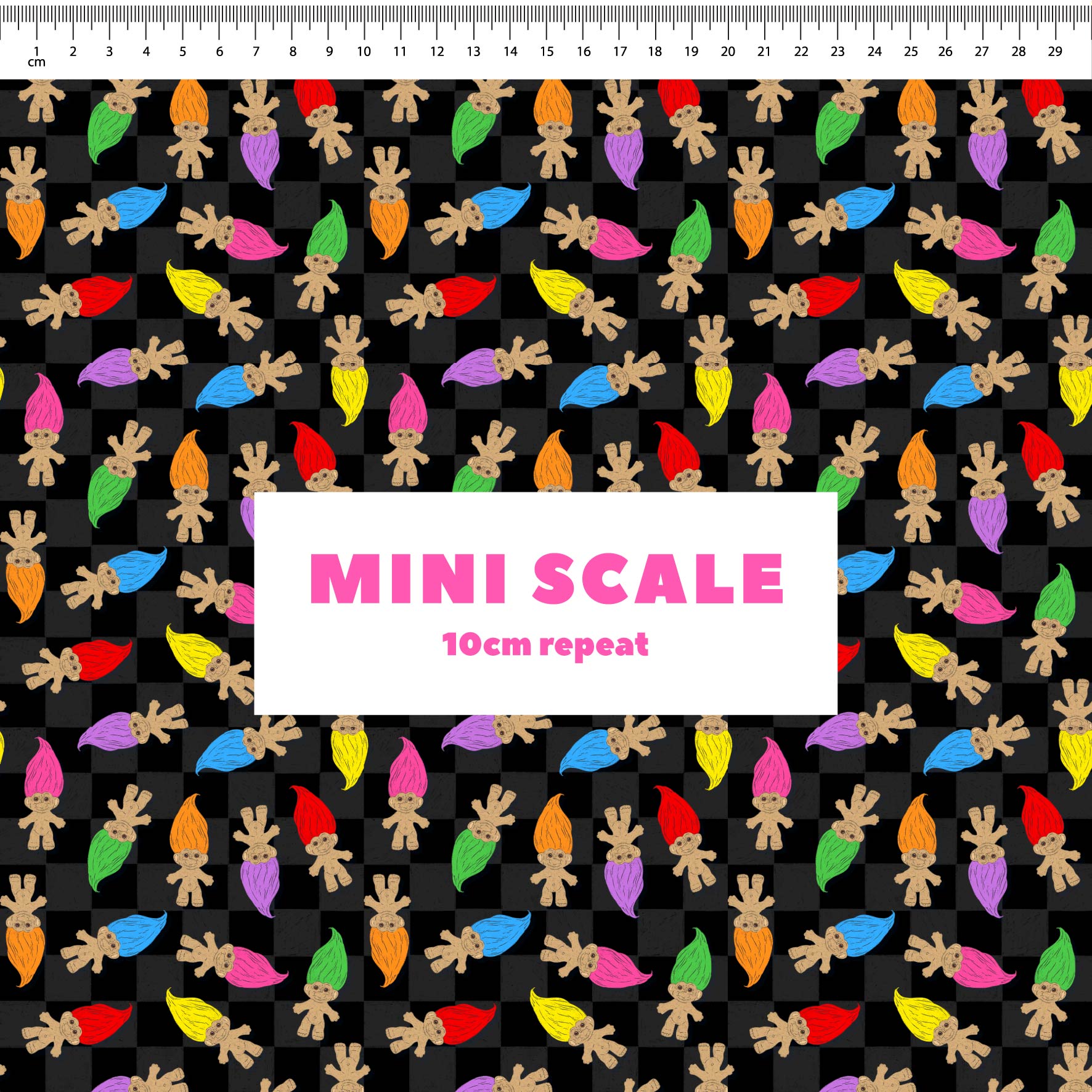 Trolls (Black) printed cotton fabric by The Colour Collab in 10cm Mini Scale
