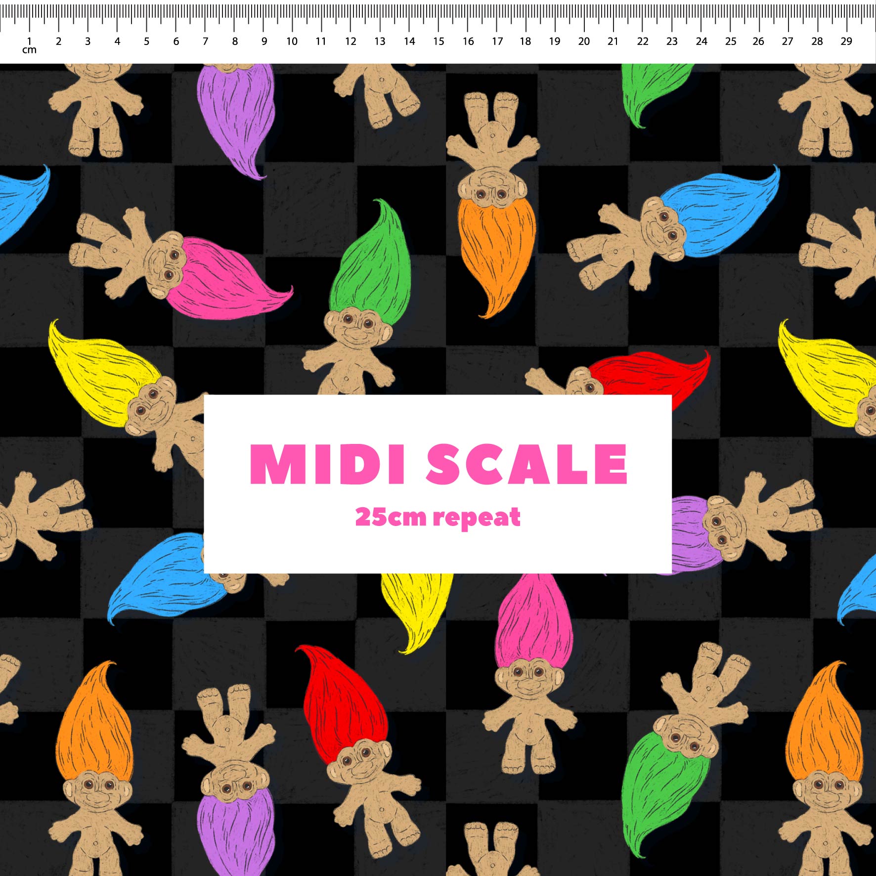 Trolls (Black) fabric design by The Colour Collab in 25cm Midi Scale