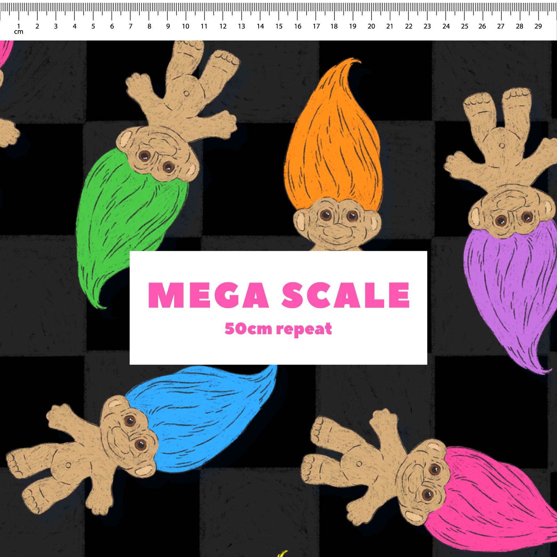Trolls (Black) fabric print by The Colour Collab in 50cm Mega Scale