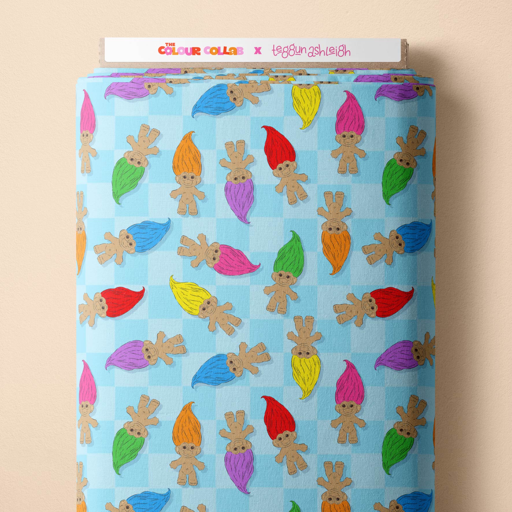 Trolls (Blue) fabric by The Colour Collab mock up on fabric bolt