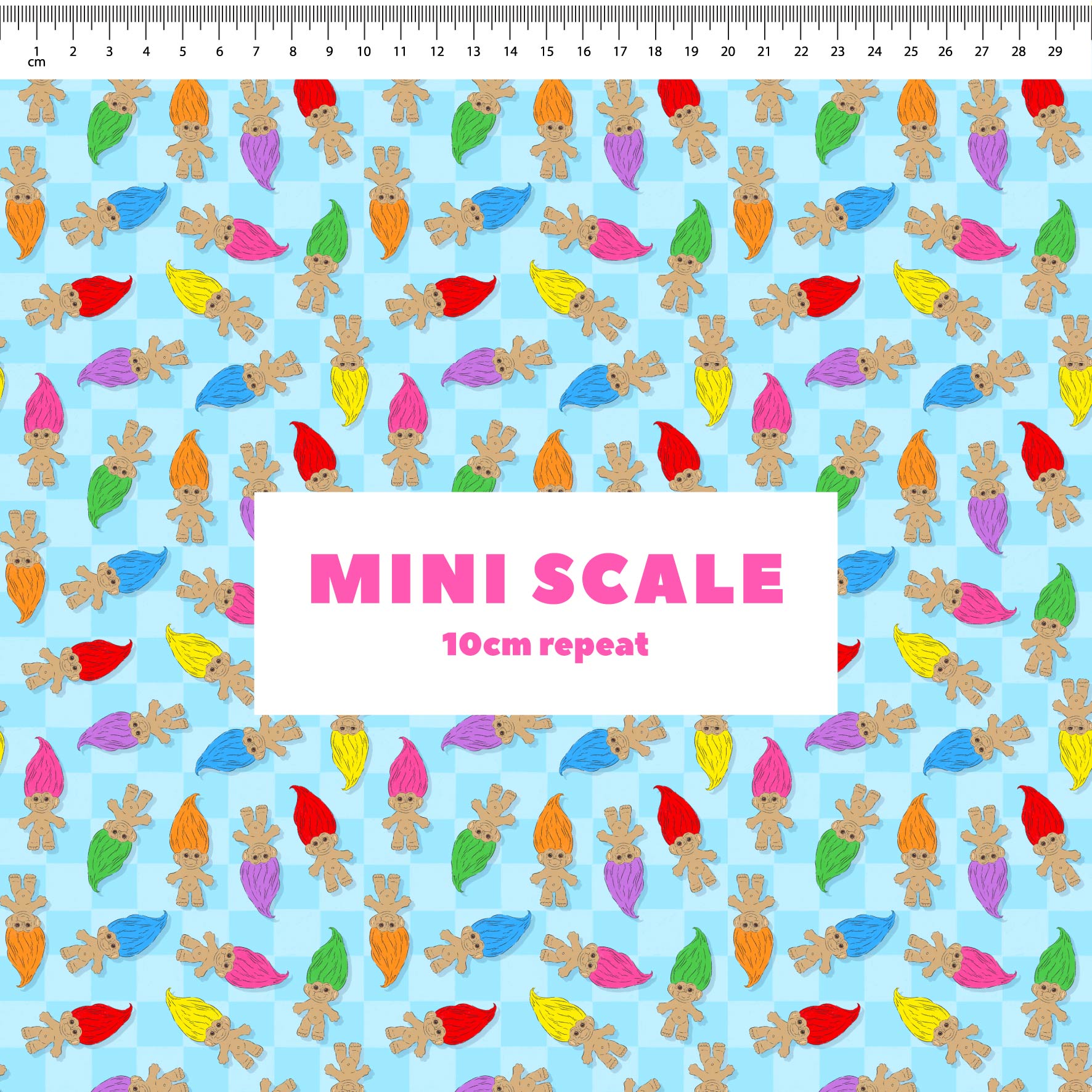 Trolls (Blue) printed cotton fabric by The Colour Collab in 10cm Mini Scale