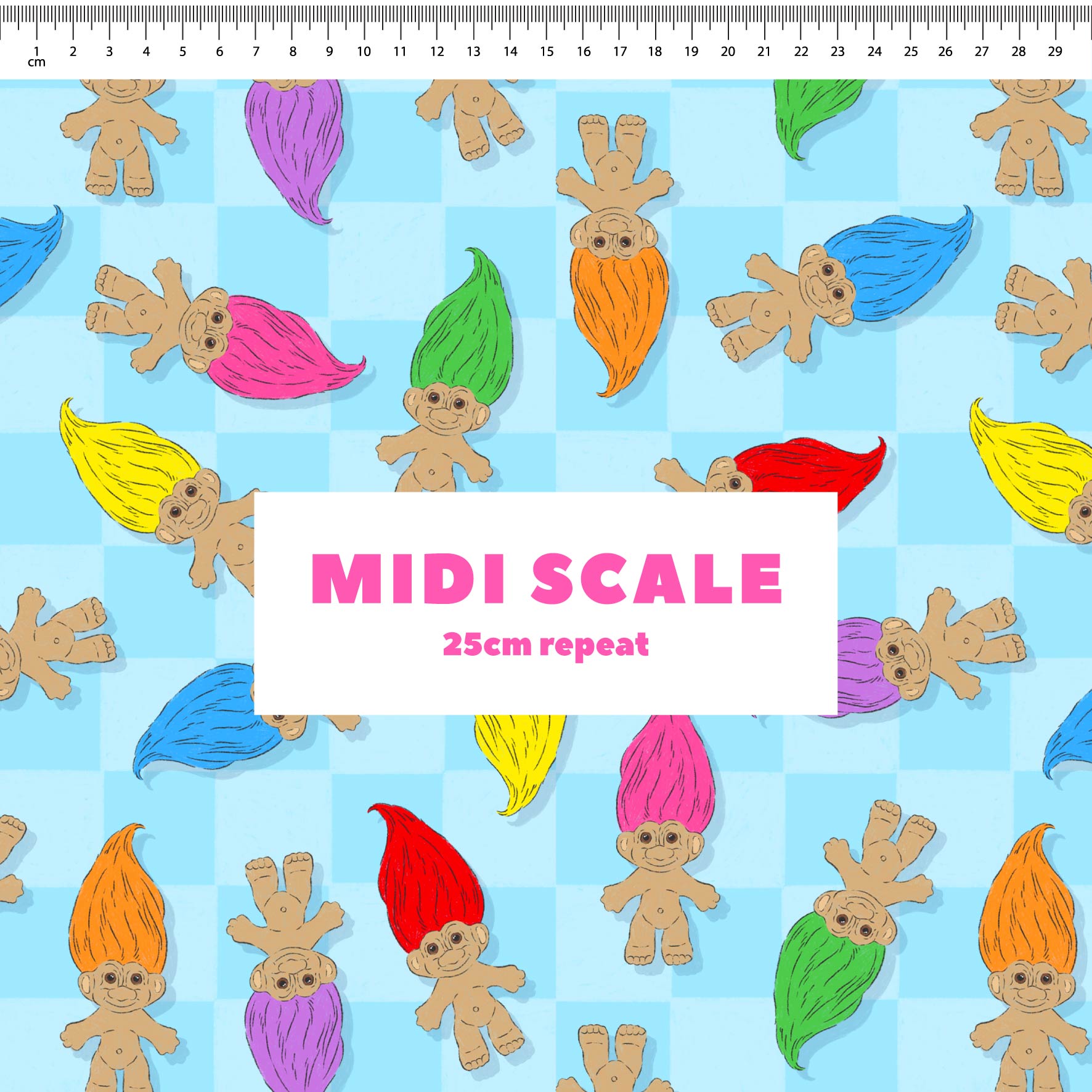 Trolls (Blue) fabric design by The Colour Collab in 25cm Midi Scale