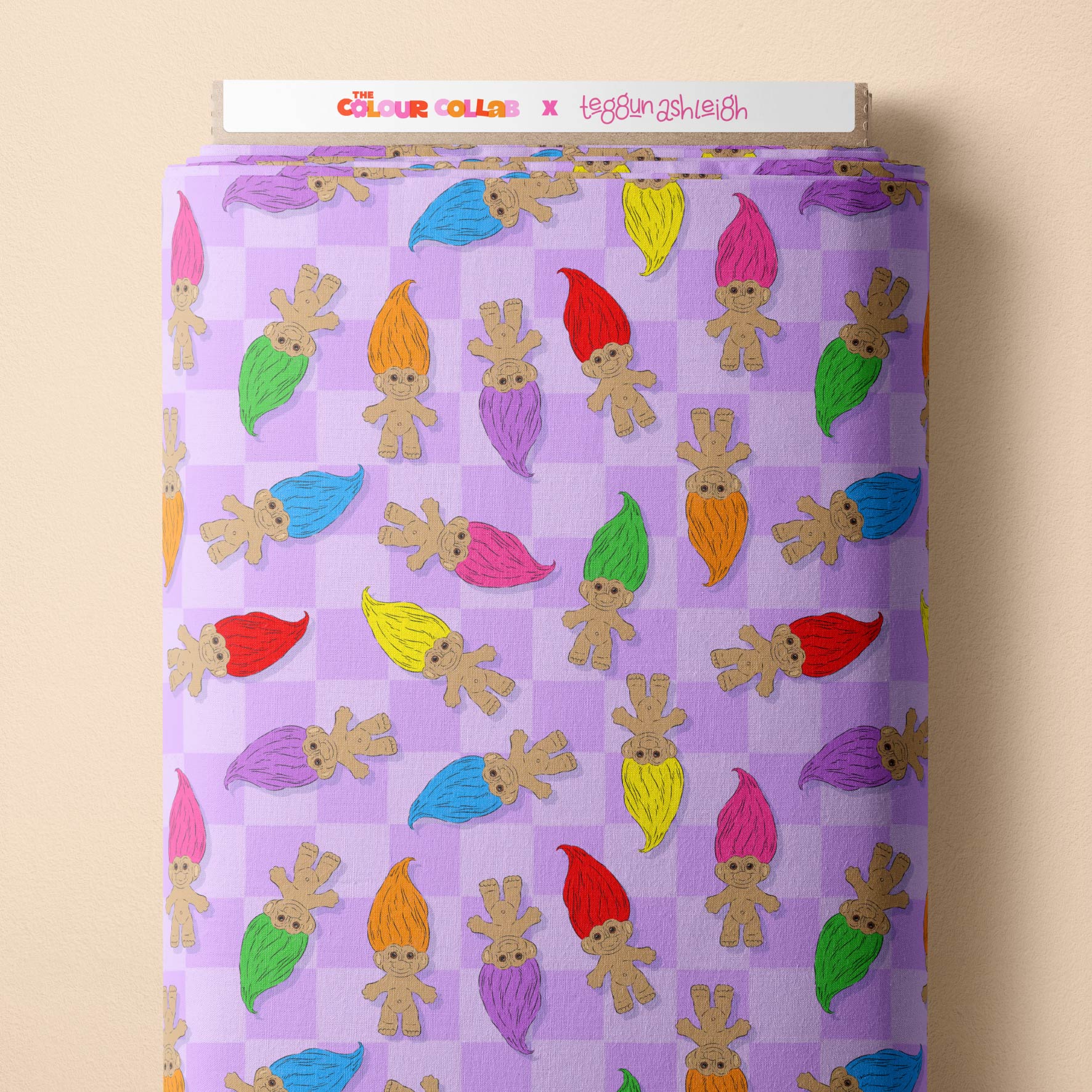 Trolls (Purple) fabric by The Colour Collab mock up on fabric bolt