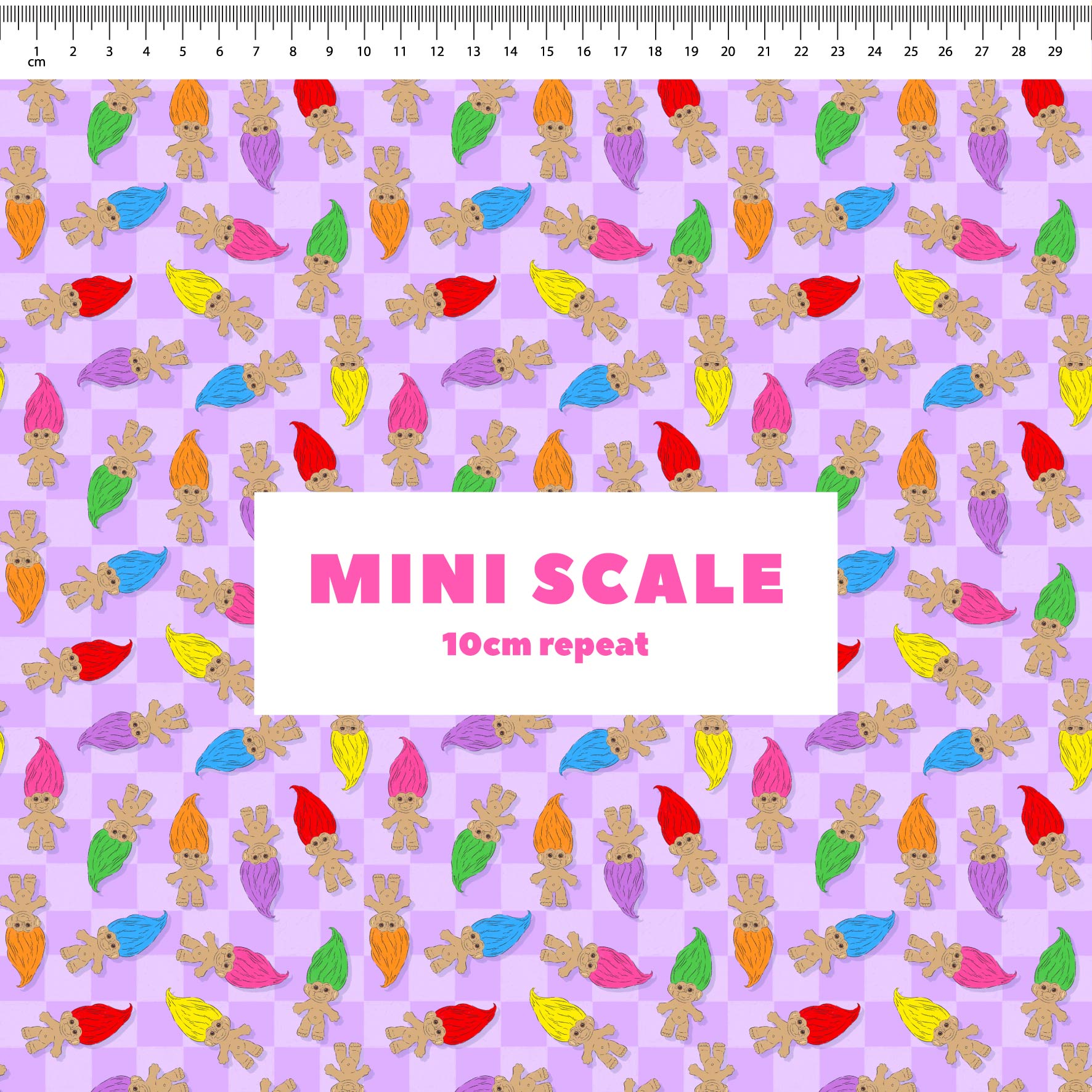 Trolls (Purple) printed cotton fabric by The Colour Collab in 10cm Mini Scale