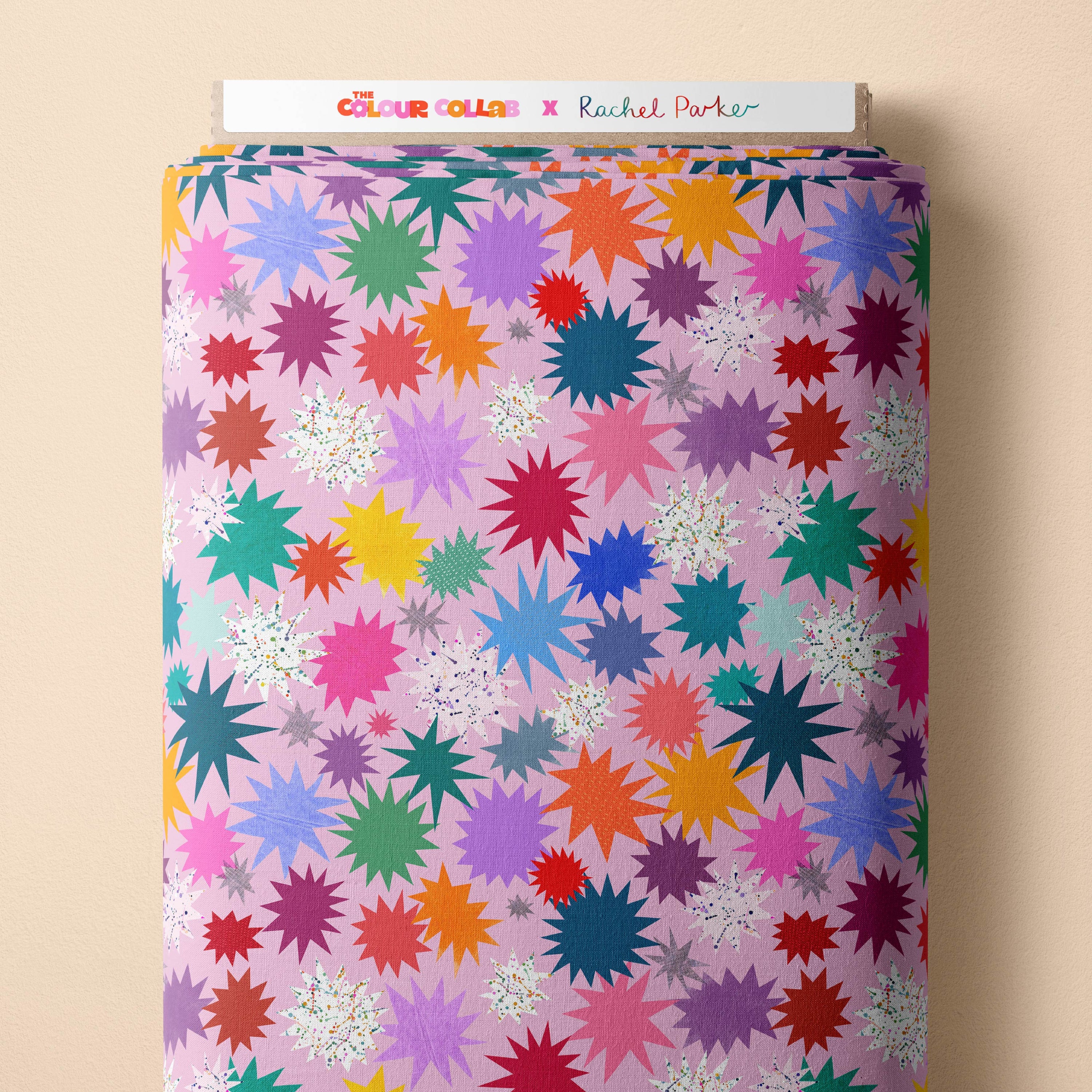 Twinkle (Rose) fabric by Rachel Parker mock up on fabric bolt