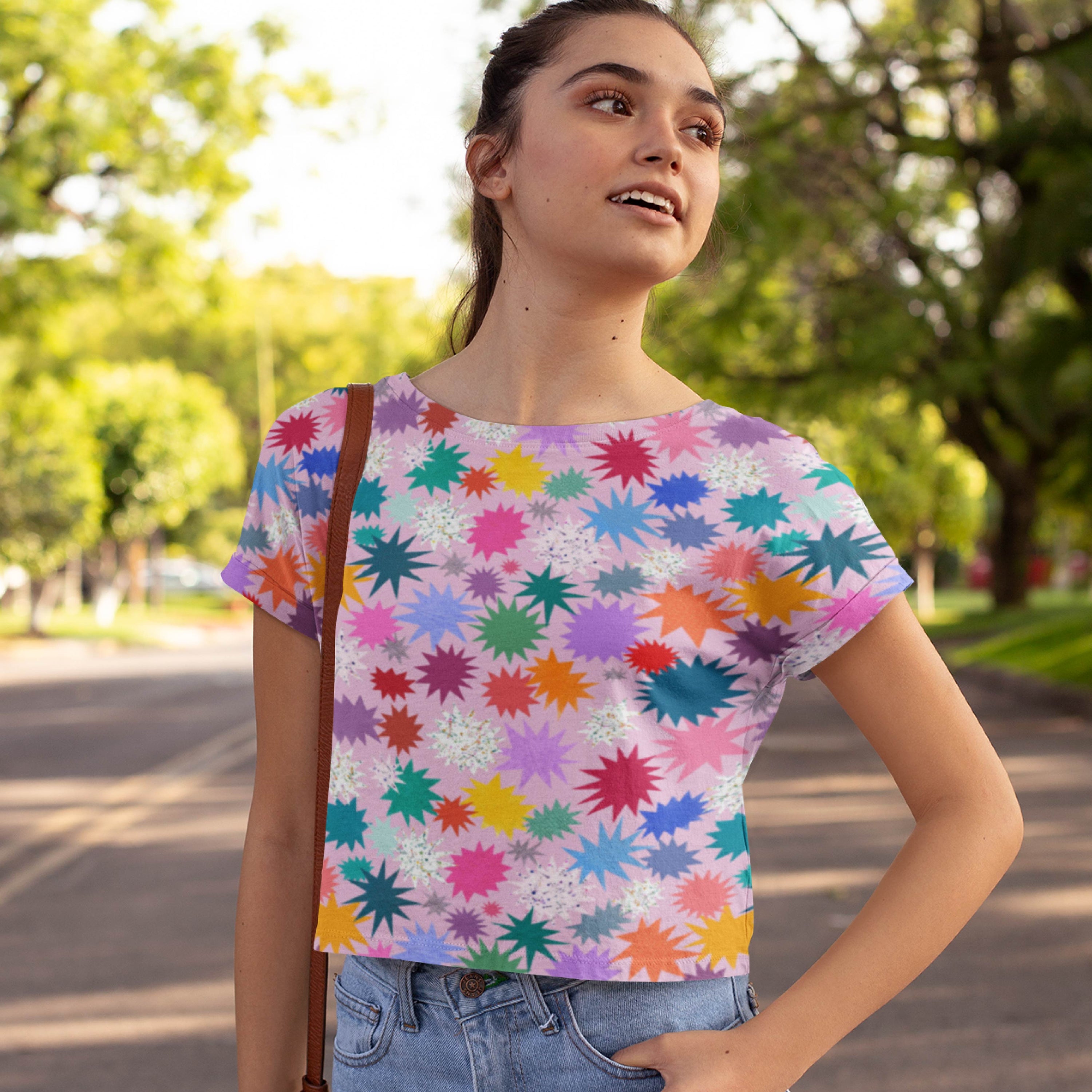 Twinkle (Rose) colourful printed fabric by Rachel Parker