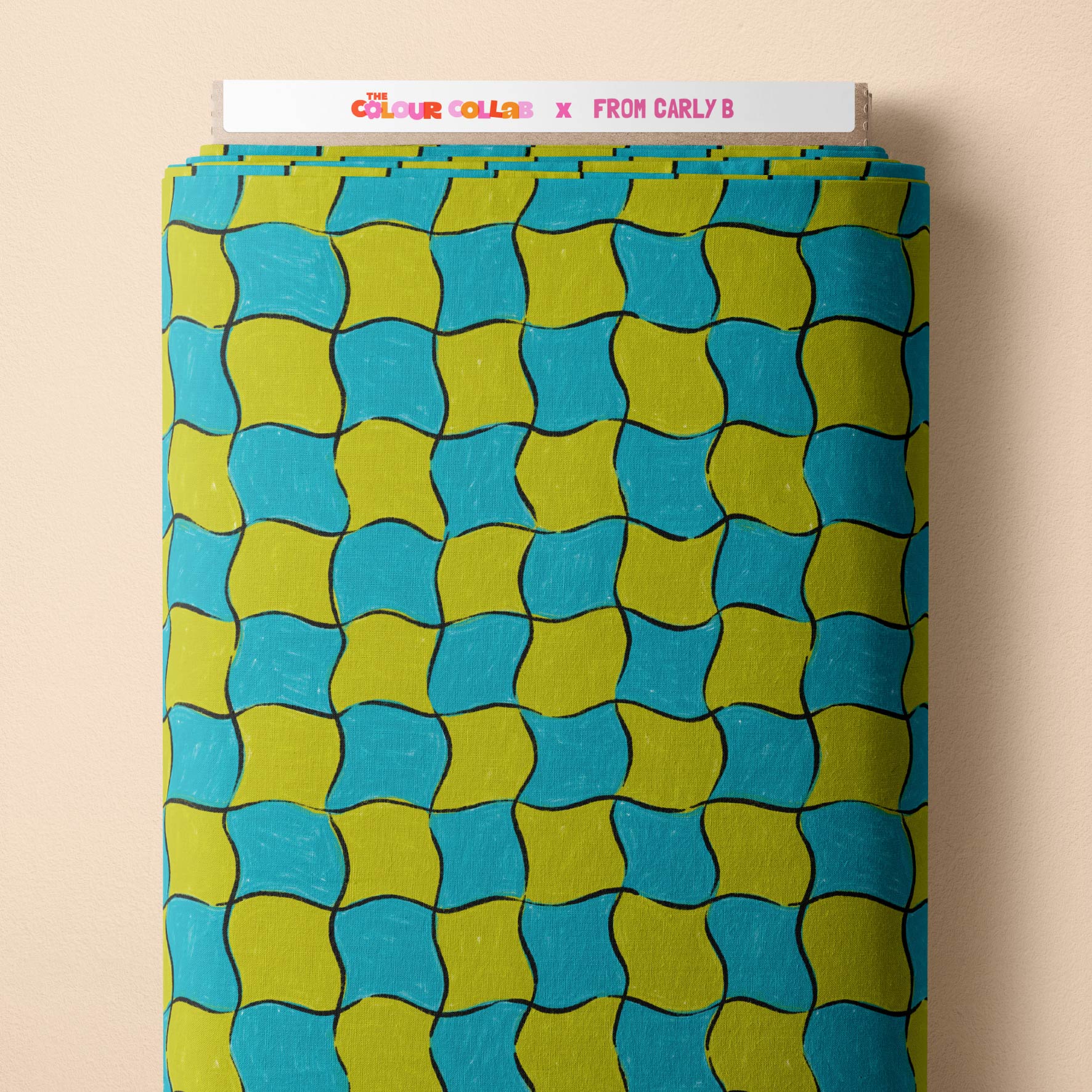 Whimsical Check (Grass & Blue) fabric by Carly B mock up on fabric bolt
