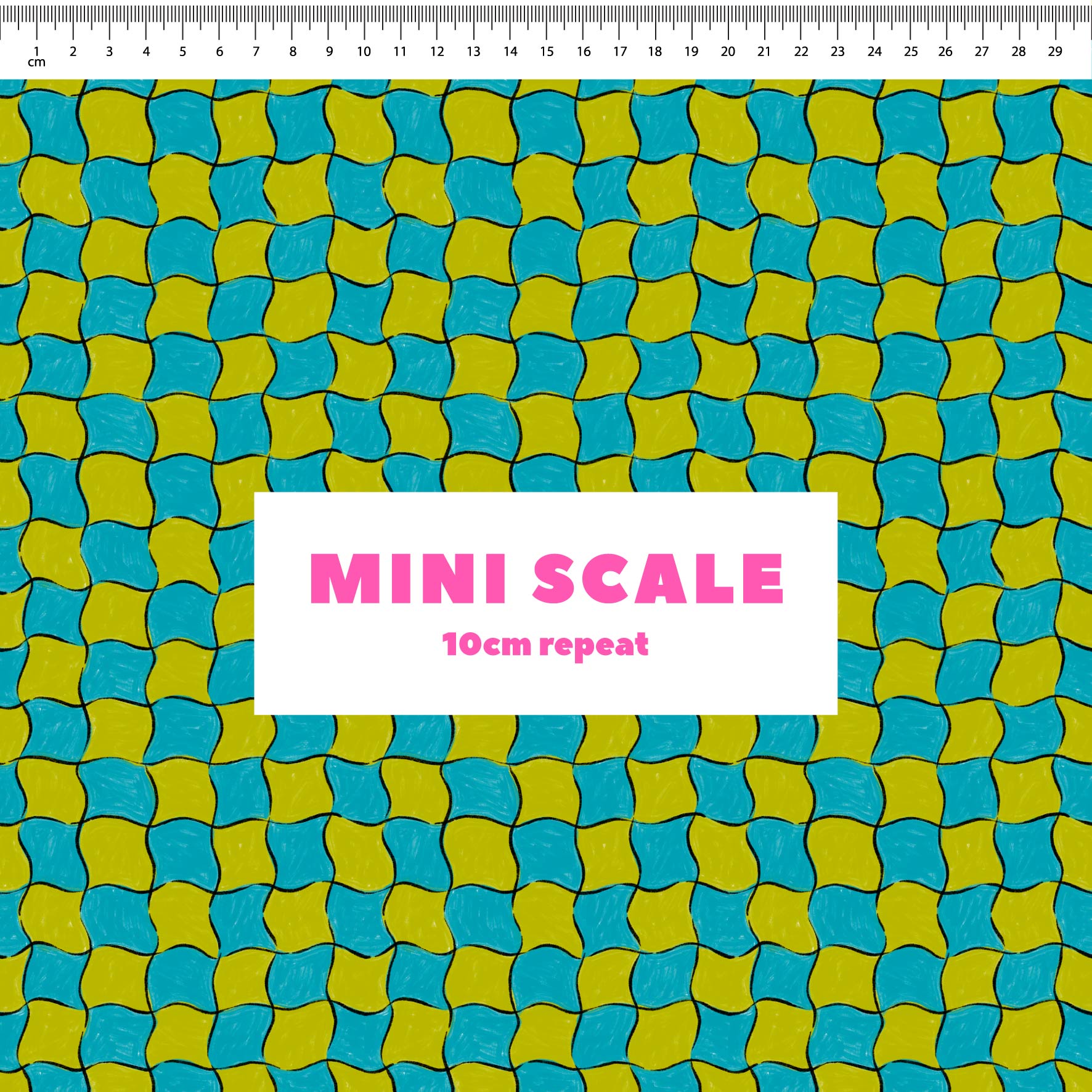 Whimsical Check (Grass & Blue) printed cotton fabric by Carly B in 10cm Mini Scale