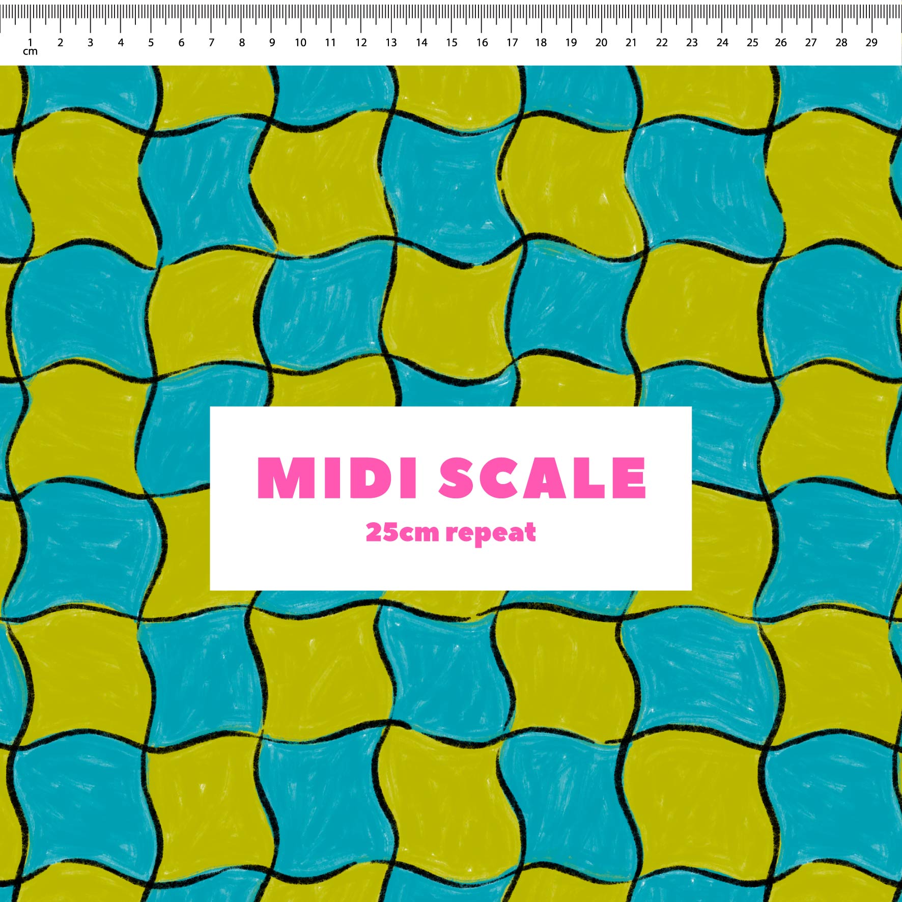 Whimsical Check (Grass & Blue) fabric design by Carly B in 25cm Midi Scale