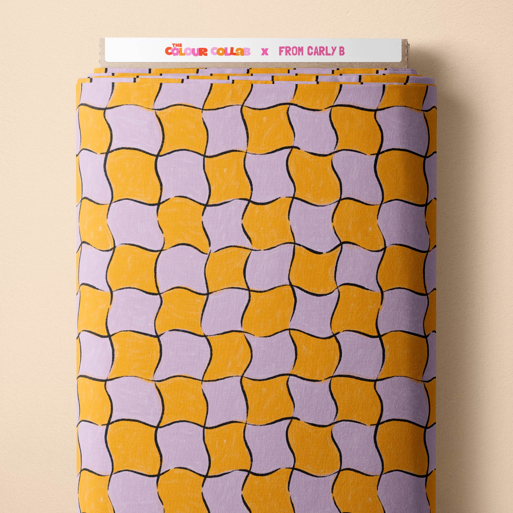 Whimsical Check (Launa & Marigold) fabric by Carly B mock up on fabric bolt