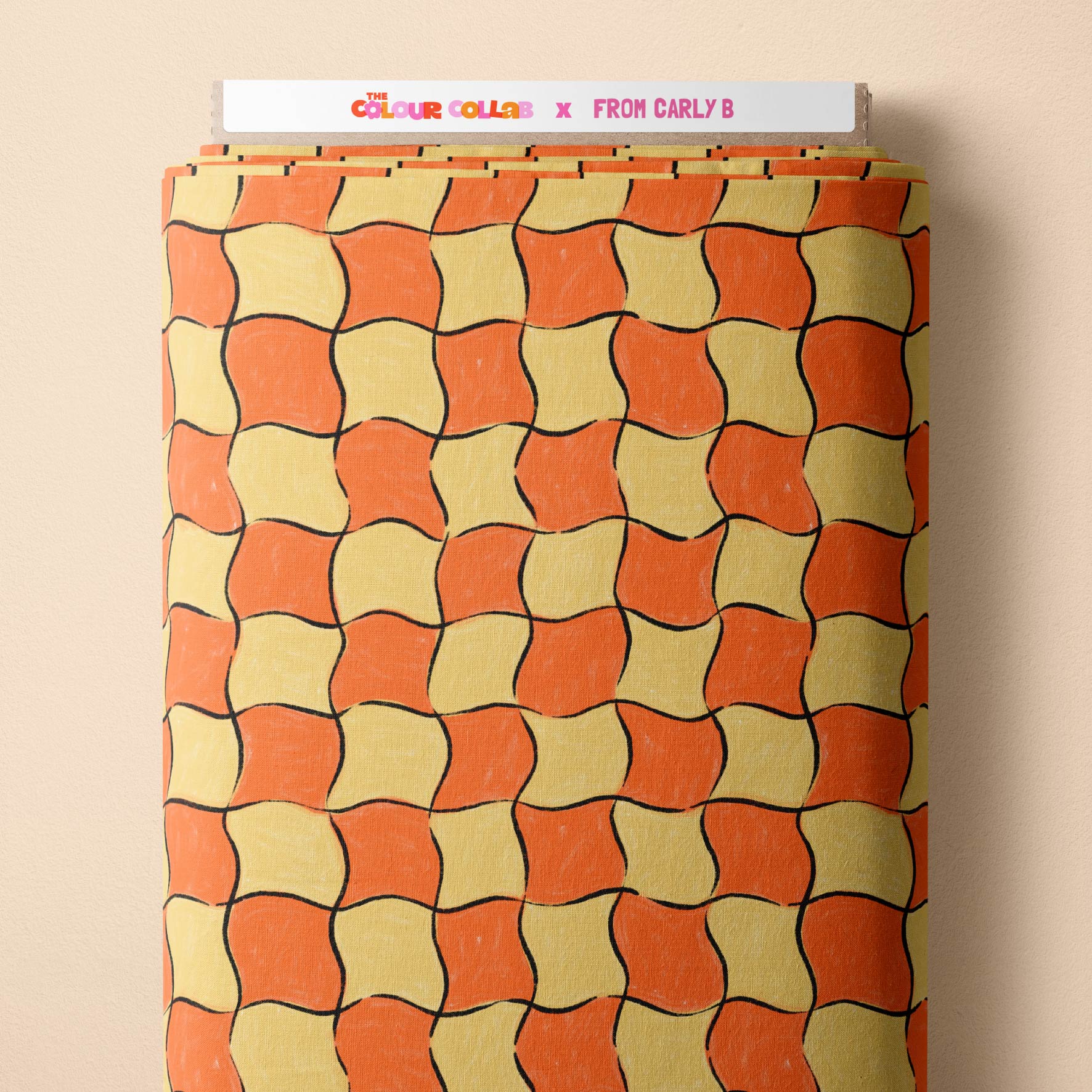 Whimsical Check (Smartie & Iris) fabric by Carly B mock up on fabric bolt