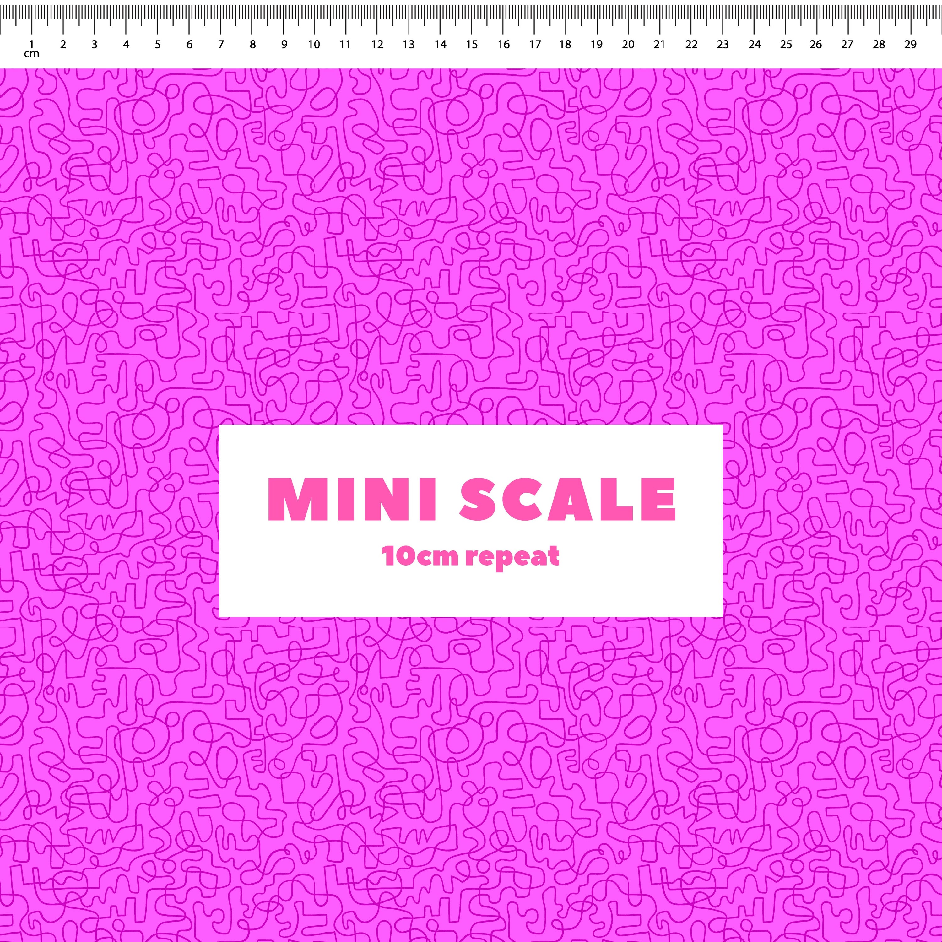 Wiggles (Purple Pop/Magenta) printed cotton fabric by Rachel Parker in 10cm Mini Scale