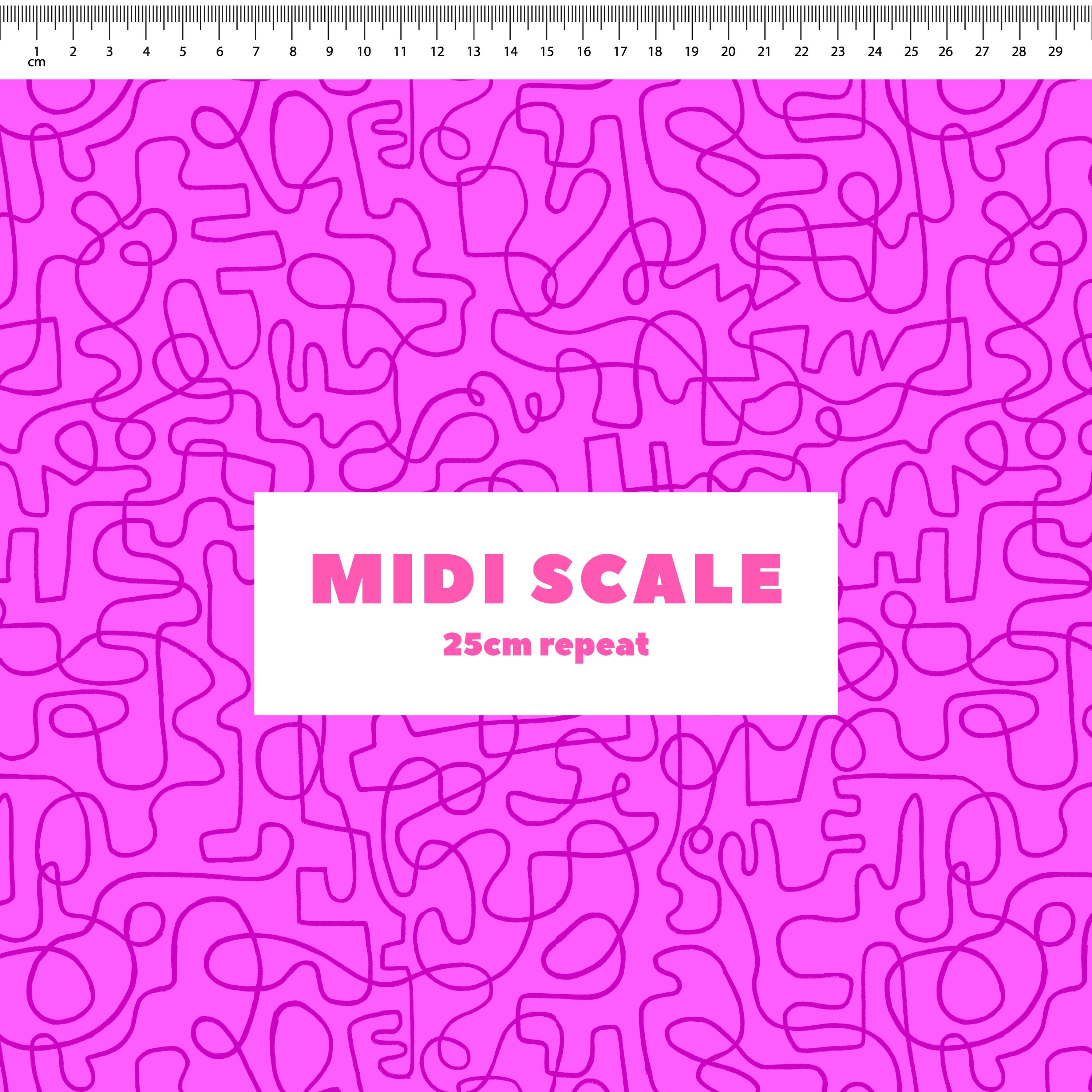 Wiggles (Purple Pop/Magenta) fabric design by Rachel Parker in 25cm Midi Scale