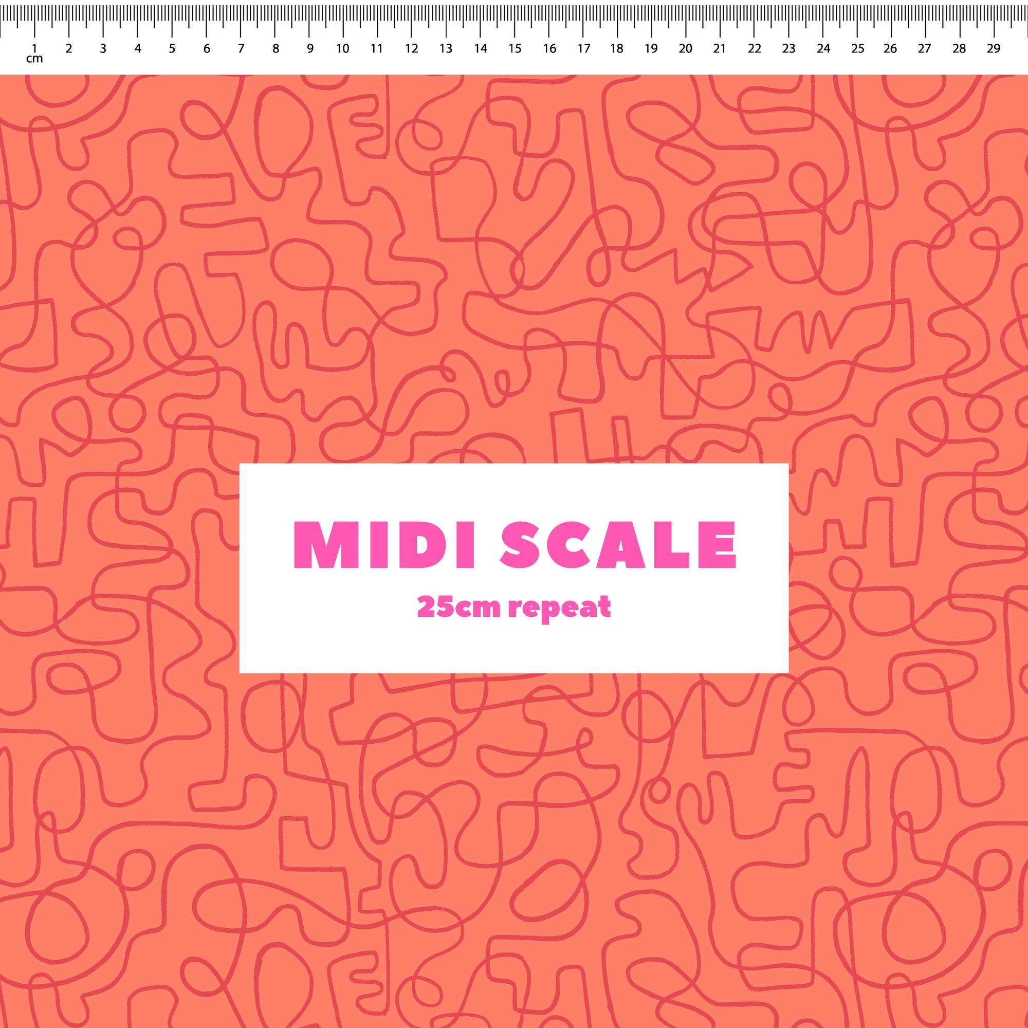Wiggles (Tangerine/Very Berry) fabric design by Rachel Parker in 25cm Midi Scale