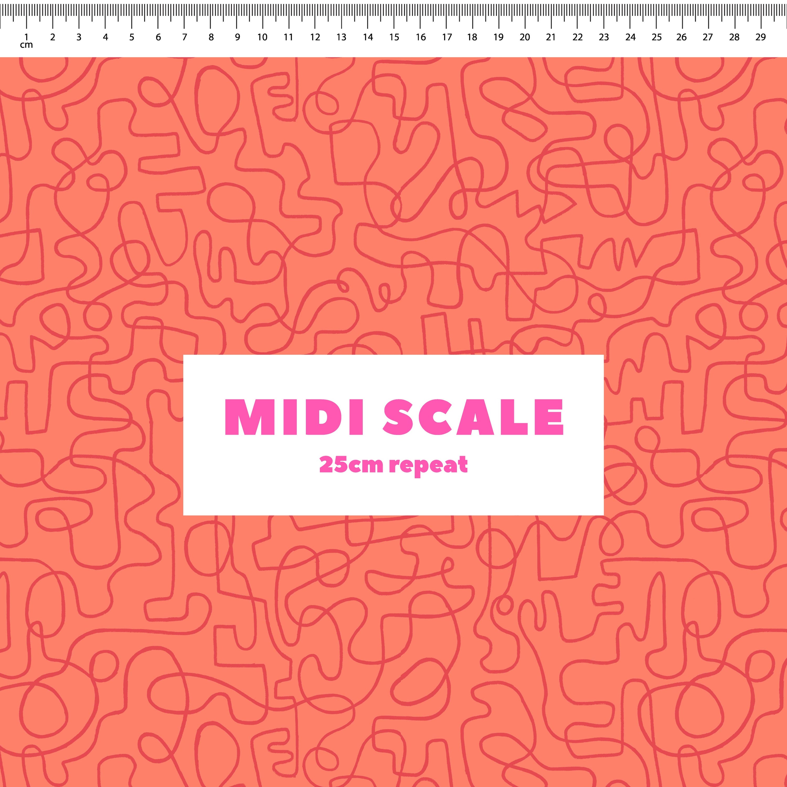 Wiggles (Tangerine/Very Berry) fabric design by Rachel Parker in 25cm Midi Scale
