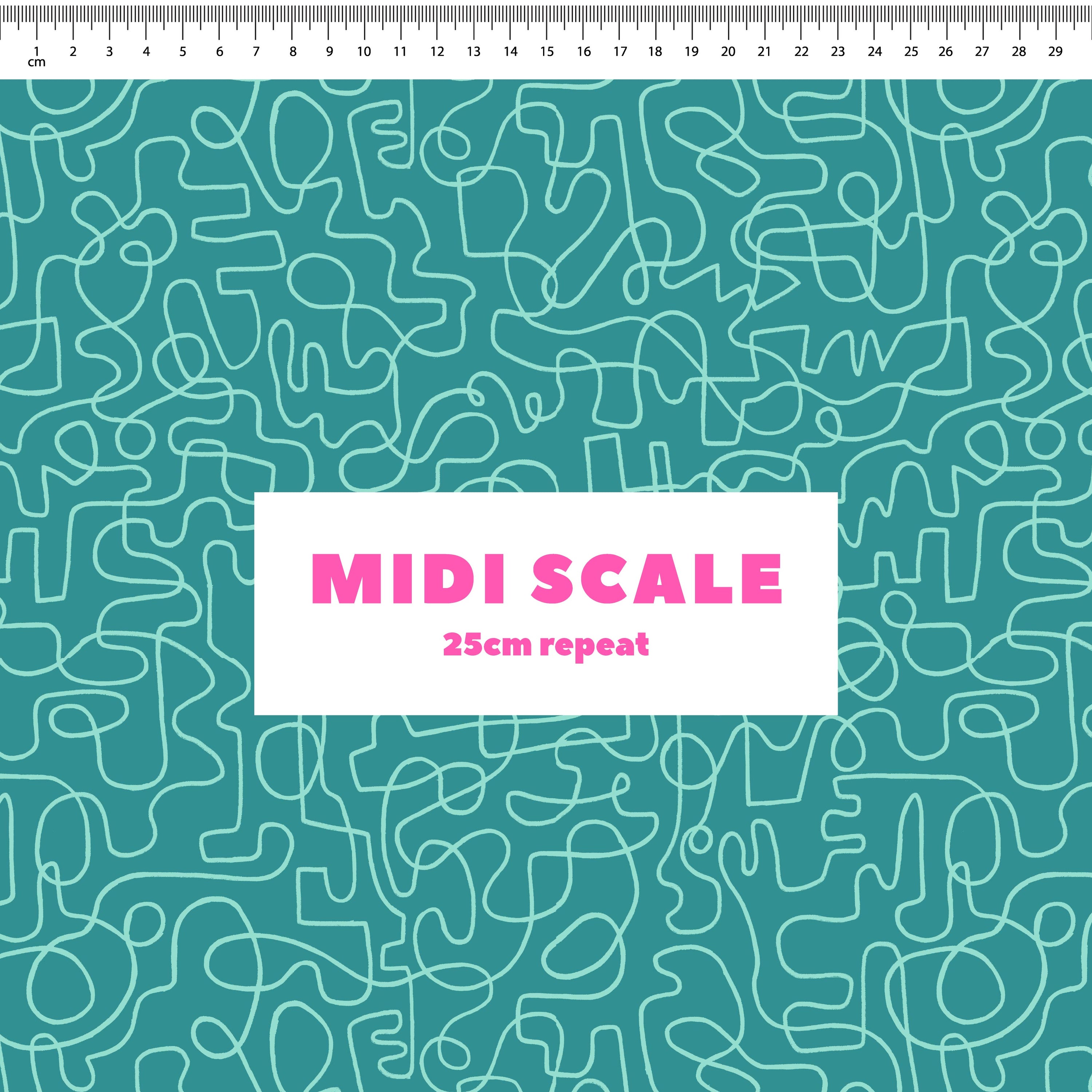 Wiggles (Dusty Teal/Seafoam) fabric design by Rachel Parker in 25cm Midi Scale
